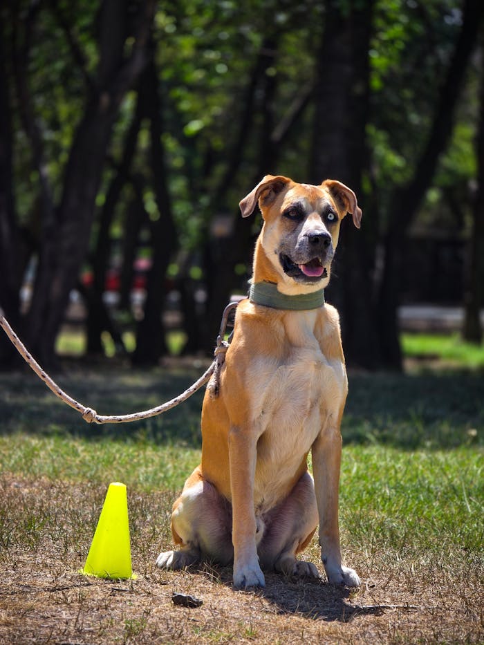 A large dog sitting obediently on grass in a sunlit park, beside a training cone.